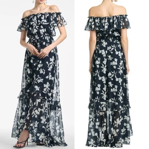 Sachin + Babi Riley Navy Off-Shoulder Venetia Floral Petal Maxi Dress - 4 - Picture 1 of 4